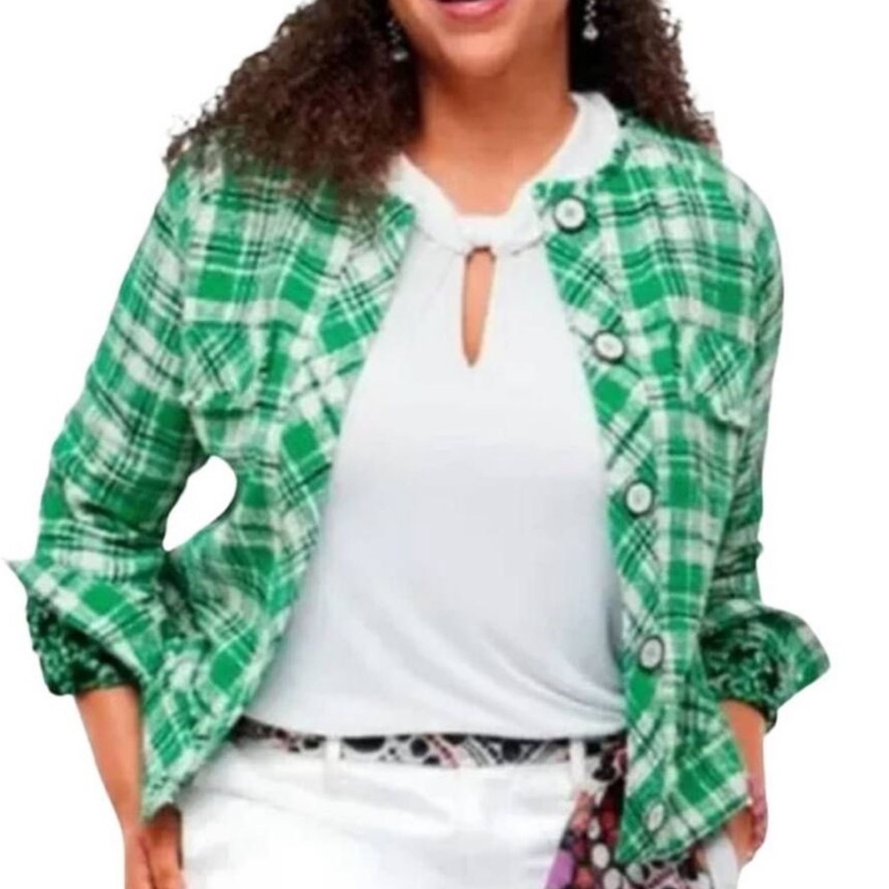 Cabi Sophia Green Plaid Tweed Button Up Library Jacket Large Button Fray Pockets